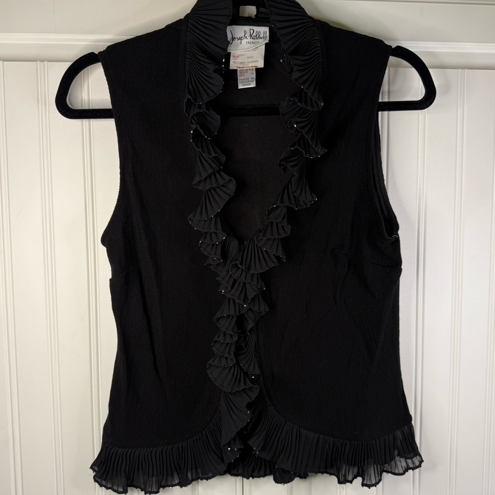 Joseph Ribkoff Black Sleeveless Ruffle Trim Vest Top – Size 8 – NWT